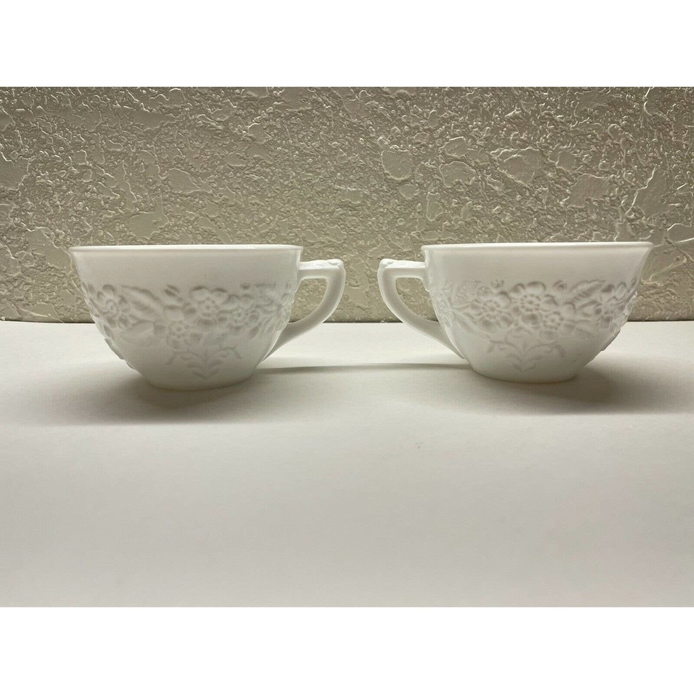 Vintage Anchor Hocking Milk Glass embossed flowers cup 1940s